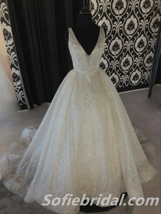 Sexy Charming Tulle Spaghetti Straps V-Neck Open Back A-Line Long Wedding Dresses,SFWD0067