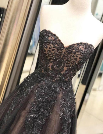 A-line Sweetheart Lace Appliques Beading Tulle Prom Dresses, PD0091