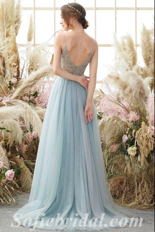 Elegant Tulle Spaghetti Straps V-Neck Side Slit A-Line Long Prom Dresses With Rhinestone,SFPD0471