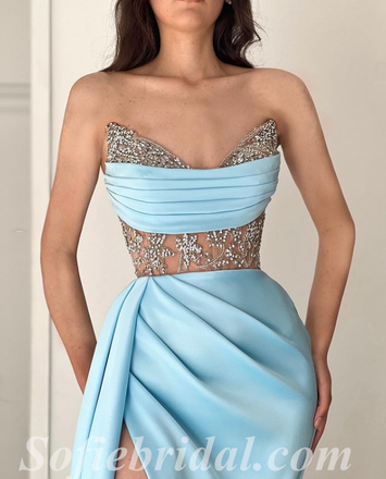Sexy Sweetheart Satin Tulle Sleeveless Side Slit Mermaid Long Prom Dresses/Evening Dresses,SFPD0361