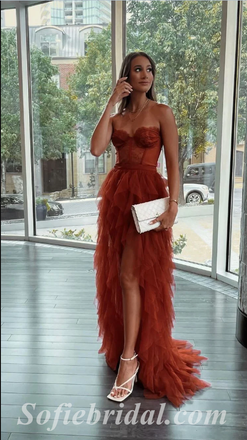 Sexy Rust Tulle And Lace Sweetheart Sleeveless Side Slit Mermaid Long Prom Dresses,SFPD0495