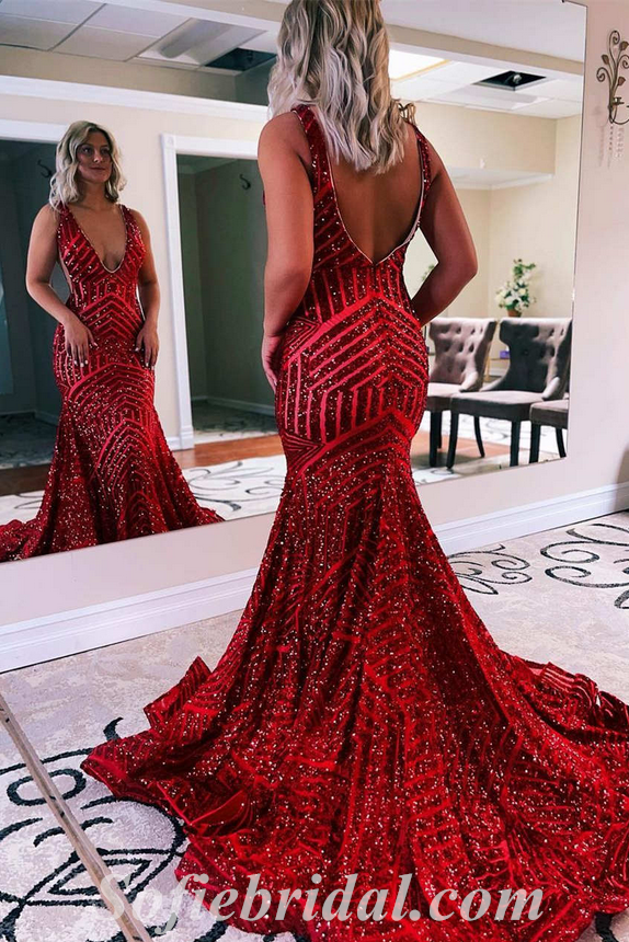 Sexy Shiny Sequin Spaghetti Straps V-Neck Sleeveless Mermaid Long Prom Dresses,SFPD0464