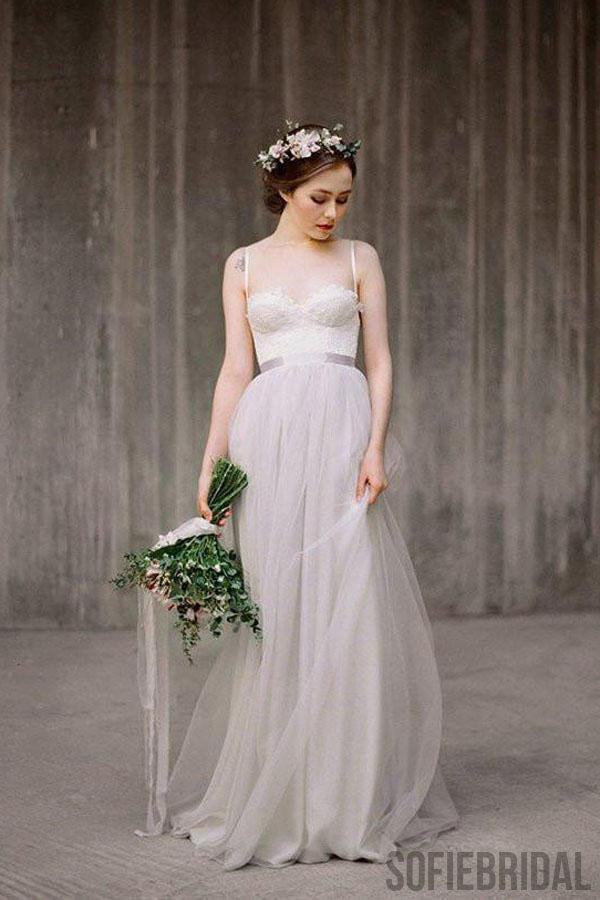 Simple Illusion Spahgetti Straps Tulle A-line Wedding Dresses Online, WD369
