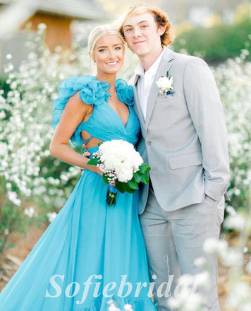 Sexy Chiffon Spaghetti Straps V-Neck Lace Up Back A-Line Long Prom Dresses, PD0876