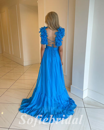 Sexy Chiffon Spaghetti Straps V-Neck Lace Up Back A-Line Long Prom Dresses, PD0877
