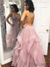 Sexy Deep V Neck Ruffles Pink Organza Long Prom Dress, PD0061