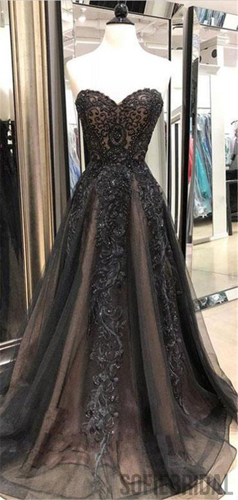 A-line Sweetheart Lace Appliques Beading Tulle Prom Dresses, PD0091