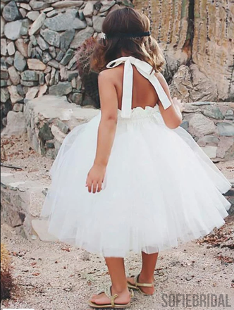 Halter Sleeveless Simple Ivory Tulle Flower Girl Dresses, FG093