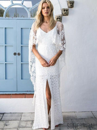 Sheath Half Sleeves Full Lace Backless Wedding Dresses With Split, WD0313