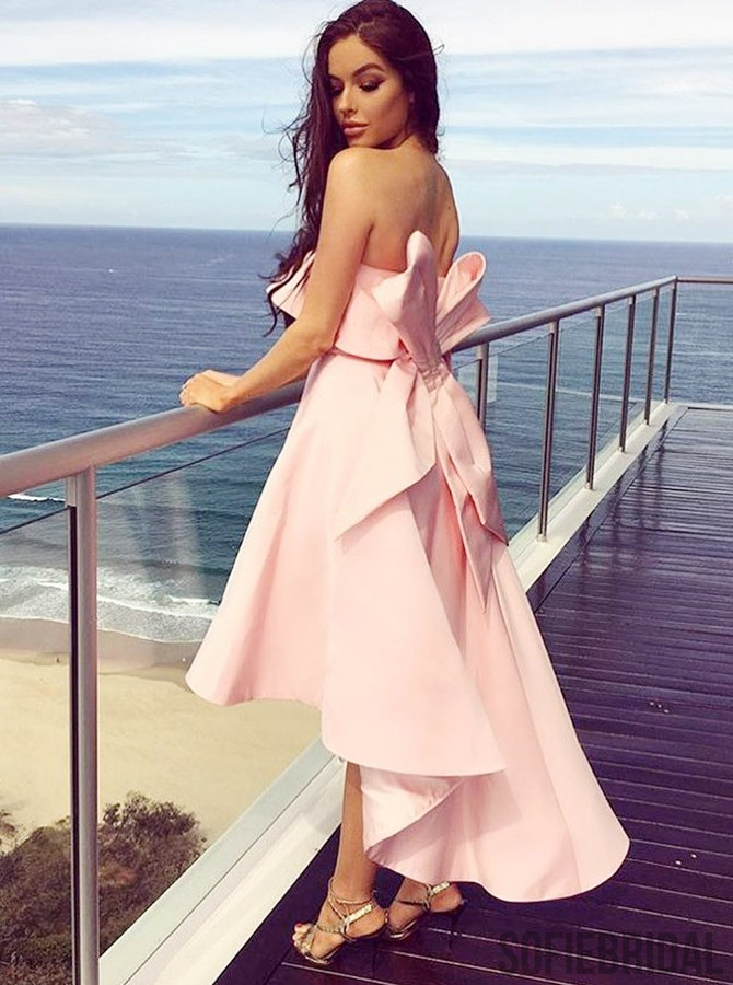 A-Line Strapless Strapless Pink Satin Bridesmaid Dresses With Bowknot, BD1057