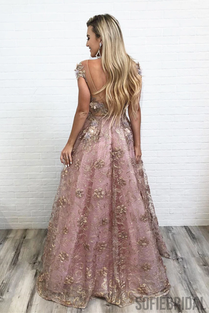 A-line Floor-length Cap Sleeves Appliques And Beading Long Prom Dresses, PD0123