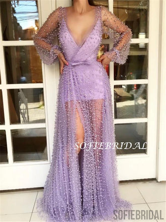 Sheath V-neck Long Sleeves All Beadings See-though Long Tulle Prom Dresses, PD0125