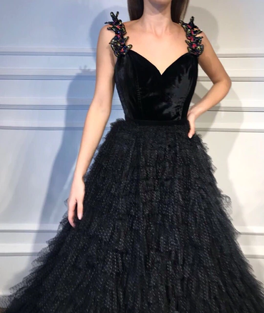 A-line V-neck Appliques Strpas Long Black Tulle Prom Dresses, PD0130