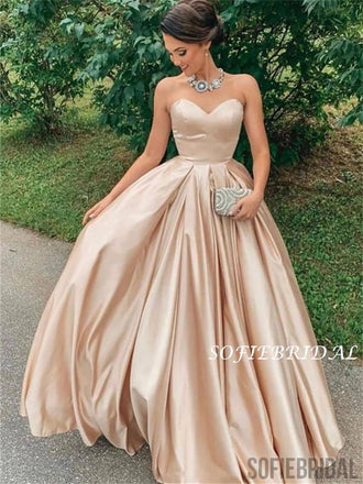 Strapless Eleagnt Champagne Ball Gown, Long Cheap Prom Dresses, PD1001