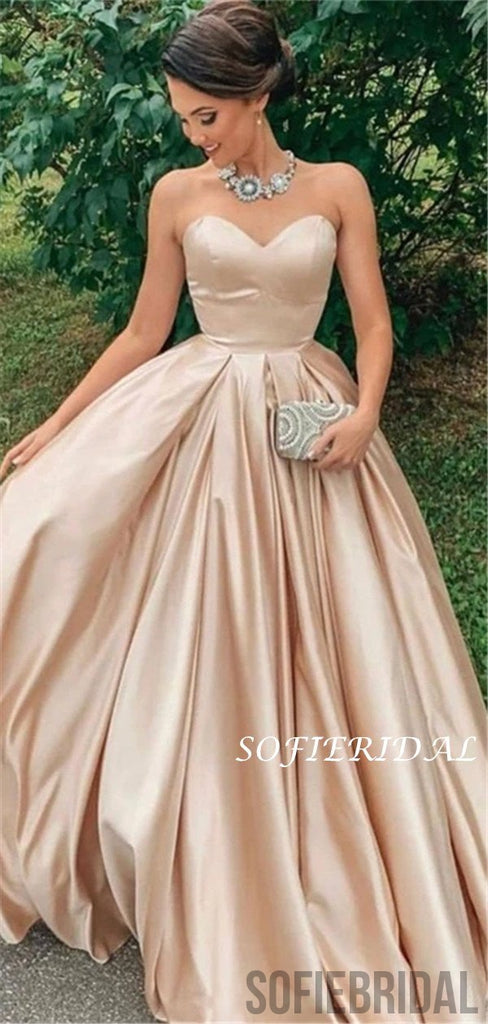 Strapless Eleagnt Champagne Ball Gown, Long Cheap Prom Dresses, PD1001