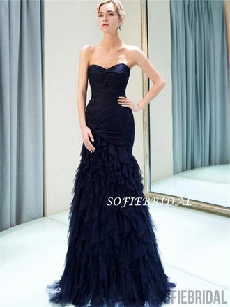 Mermaid Strapless Navy Blue Tulle Lace-up Back Prom Dresses With Pleats, PD1002