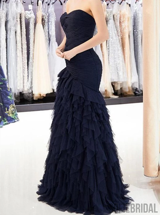 Mermaid Strapless Navy Blue Tulle Lace-up Back Prom Dresses With Pleats, PD1002