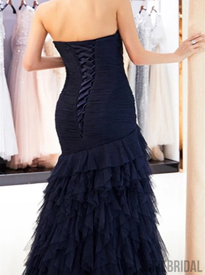Mermaid Strapless Navy Blue Tulle Lace-up Back Prom Dresses With Pleats, PD1002