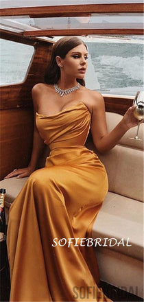 Sheath Strapless Long Simple Prom Dresses With Pleats, PD1017