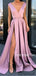 A-line Deep V-neck Long Satin Prom Dresses With Split, PD1025