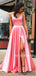 A-line V-neck Long Simple Pink Prom Dress With Split, PD1029