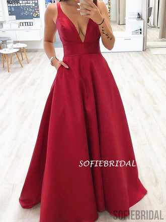 A-line Deep V-neck Sleeveless Long Red Satin Prom Dresses, PD1031