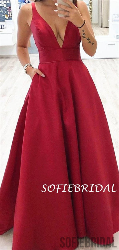 A-line Deep V-neck Sleeveless Long Red Satin Prom Dresses, PD1031