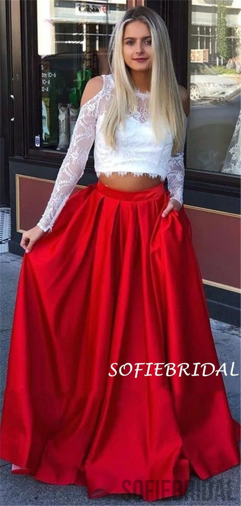 Two-pieces Long Sleeves Lace Top Long Prom Dresses With Pockets, PD1032
