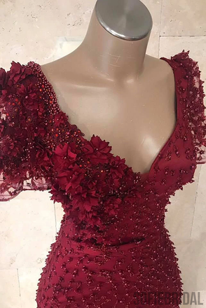 Mermaid V-neck Short Sleeves Beading And Appliques Burgundy Prom Dress, PD1033