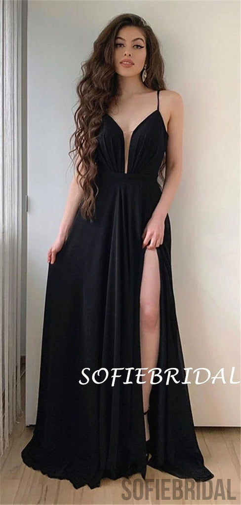A-line Spaghetti Straps Deep V-neck Black Prom Dress With Split, PD1034