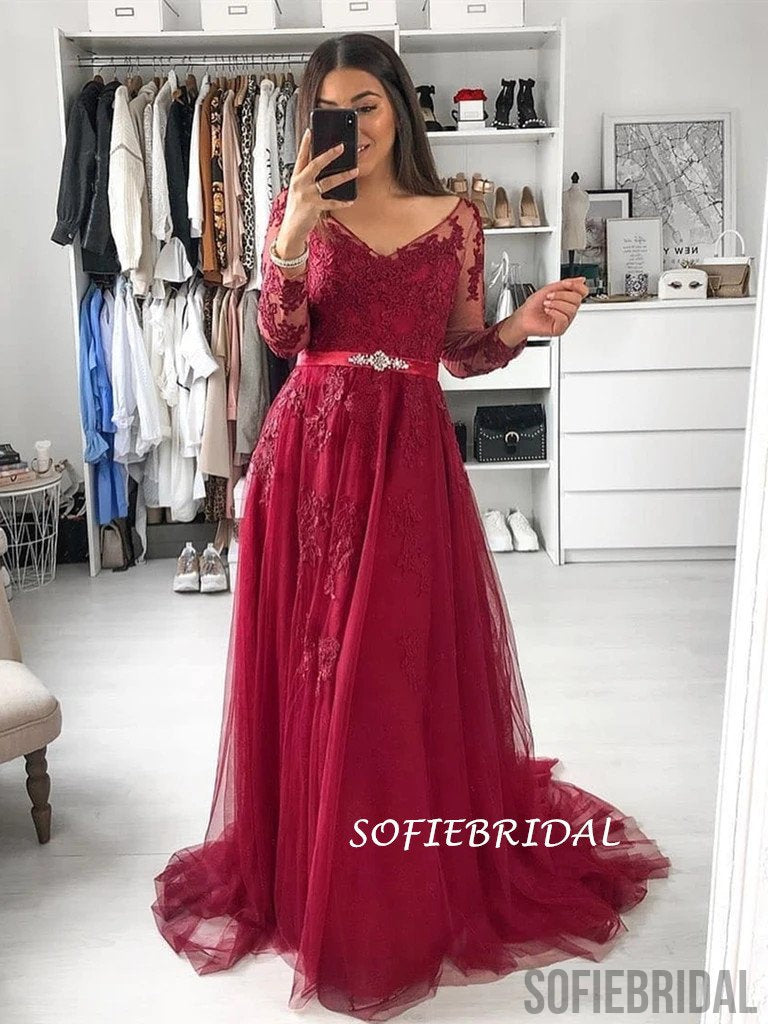 A-line V-neck Long Sleeves Lace Long Burgundy Tulle Prom Dress, PD1035
