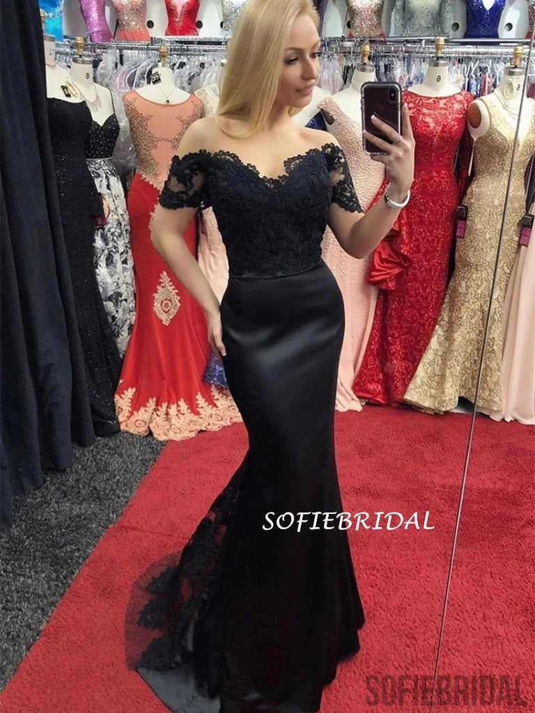 Mermaid Off-shoulder Short Sleeves Lace Top Black Prom Dress, PD1036