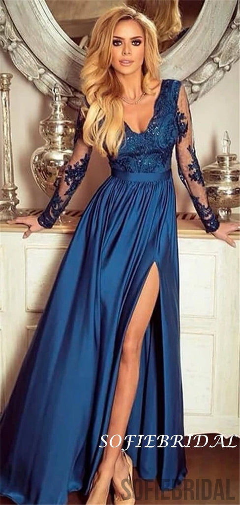A-line V-neck Long Sleeves Lace Appliques Prom Dresses With Split, PD1043
