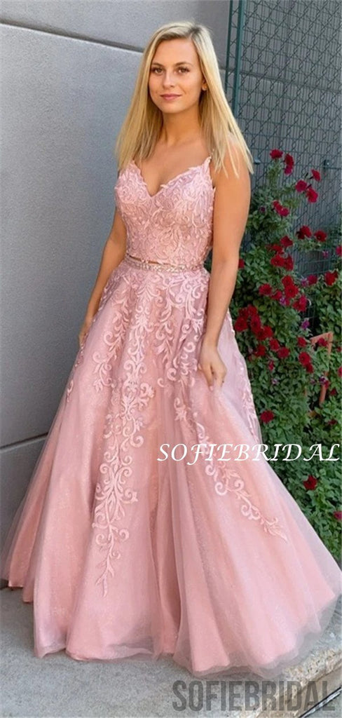A-line Floor-length Straps Lace Appliques Long Tulle Prom Dresses, PD1044