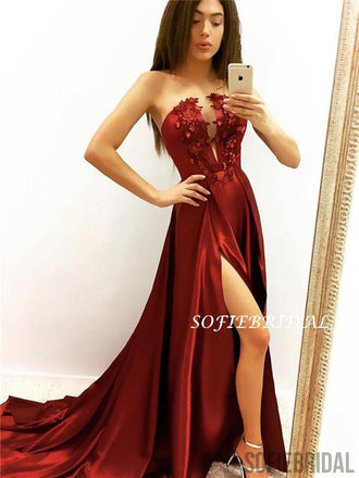 A-line Strapless Deep V-neck Appliques Long Satin Prom Dresses, PD1045