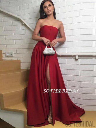 Strapless Newest Simple Dark Red Prom Dresses With Split, PD1048