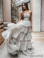 A-line Spaghetti Straps Light Grey Tulle Prom Dresses, PD1053
