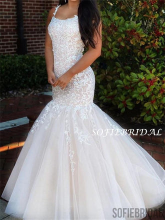 Mermaid Straps Appliques Lace-up Back Long Tulle Prom Dresses, PD1055