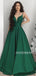 A-line V-neck Spaghetti Straps Long Green Prom Dresses, PD1056