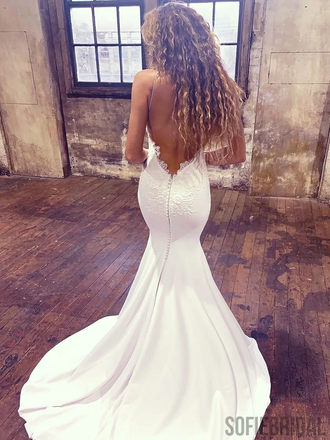 Popular Mermaid V-neck Lace Backless Light Ivory Long Prom Dresses, PD1058