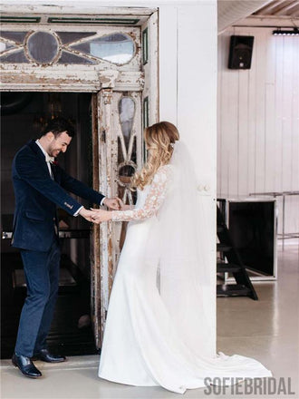 Mermaid V-neck Long-sleeves Aplliques Open-back Wedding Dresses With Train, WD0482