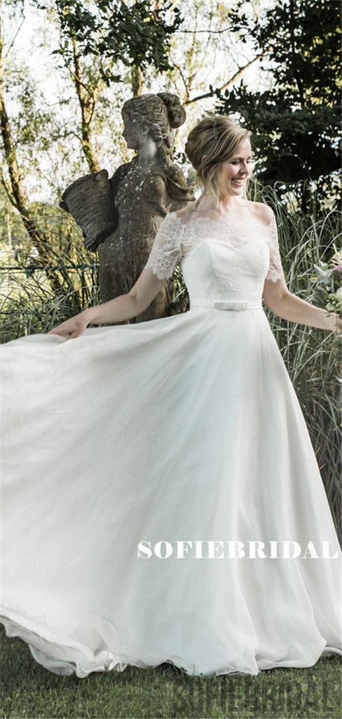 A-line Off-shoulder Short Sleeves Lace Top Long Wedding Dresses, WD0489