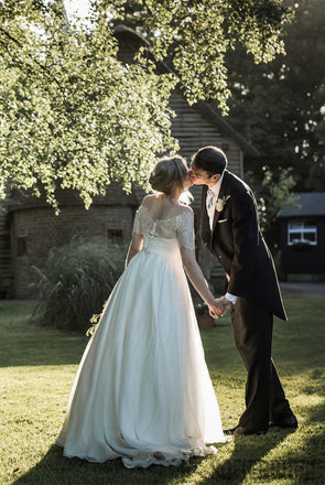 A-line Off-shoulder Short Sleeves Lace Top Long Wedding Dresses, WD0489