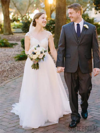 A-line Round Neck Cap Sleeves Lace Appliques Long Wedding Dresses, WD0490