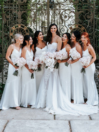 Mermaid Spaghetti Straps V-neck Long Backless Bridesmaid Dresses, BD1102