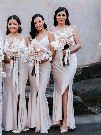 Mermaid Spaghetti Straps V-neck Long Bridesmaid Dresses With Slit, BD1119