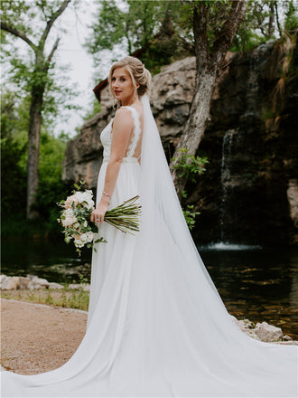 A-line V-neck Sleeveless Lace Top Backless Long Wedding Dresses, WD0498