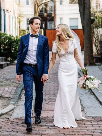 Sheath Deep V-neck Open-back Short Sleeves Wedding Dresses, WD0501