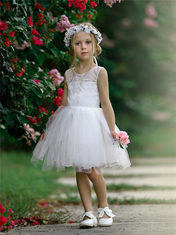 Round Neck Sleeveless Lace Knee-length Flower Girl Dresses, FG0115