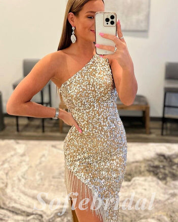 Sexy Sequin One Shoulder Sleeveless Side Slit Mermaid Long Prom Dresses,PD0800